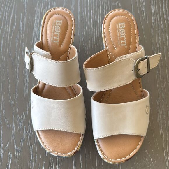 Born Women's Cream Leather Floral Print Buckle Wedge Comfortable Sandals Size 7M - Picture 2 of 12